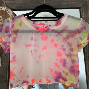 white, pink, purple, and yellow tie dye shear top